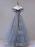 Off The Shoulder Blue Tulle A Line Long Prom Dress HZ0319