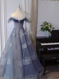 Off The Shoulder Blue Tulle A Line Long Prom Dress HZ0319