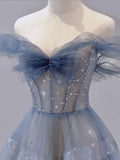 Off The Shoulder Blue Tulle A Line Long Prom Dress HZ0319