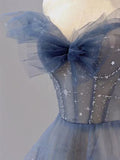 Off The Shoulder Blue Tulle A Line Long Prom Dress HZ0319