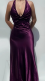 Elegant Purple V Neck Halter Sheath Satin Simple Long Prom Dress HZ0319