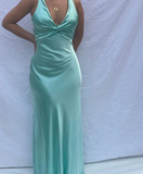 Elegant Purple V Neck Halter Sheath Satin Simple Long Prom Dress HZ0319