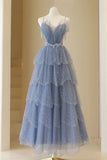 Shiny Blue Straps A Line Layered Long Prom Dress Beaded Birthday Gown HZ0319