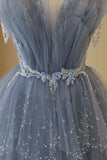 Shiny Blue Straps A Line Layered Long Prom Dress Beaded Birthday Gown HZ0319