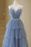 Shiny Blue Straps A Line Layered Long Prom Dress Beaded Birthday Gown HZ0319