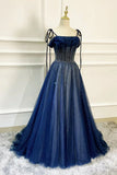 Dark Blue Tulle Sequin Long Prom Dresses A Line Birthday Party Dresses HZ0319