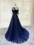 Dark Blue Tulle Sequin Long Prom Dresses A Line Birthday Party Dresses HZ0319