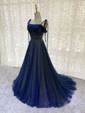 Dark Blue Tulle Sequin Long Prom Dresses A Line Birthday Party Dresses HZ0319