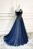 Dark Blue Tulle Sequin Long Prom Dresses A Line Birthday Party Dresses HZ0319