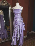 Vintage Spaghetti Straps Sheath Chiffon Ruffled Long Prom Dress HZ0319