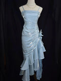 Vintage Spaghetti Straps Sheath Chiffon Ruffled Long Prom Dress HZ0319