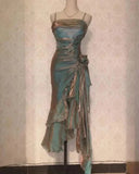 Vintage Spaghetti Straps Asymmetrical Chiffon Long Party Dress HZ0319