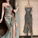 Vintage Spaghetti Straps Asymmetrical Chiffon Long Party Dress HZ0319