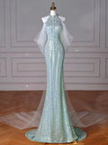 Tiffany Blue Mermaid Sequins Long Prom Dress Formal Party Gown HZ0319