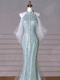 Tiffany Blue Mermaid Sequins Long Prom Dress Formal Party Gown HZ0319
