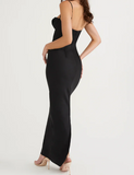 Sexy Spaghetti Straps Black Girl Mermaid Satin Long Party Dress HZ0319
