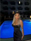 Sexy Spaghetti Straps Black Girl Mermaid Satin Long Party Dress HZ0319