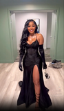 Sexy Straps Black Girl Mermaid Satin Long Party Dress Evening Gown HZ0319