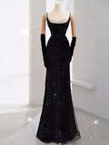 Black Straps Sequin Mermaid Long Prom Dress Evening Gown HZ0319