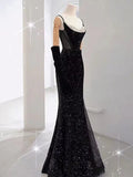 Black Straps Sequin Mermaid Long Prom Dress Evening Gown HZ0319