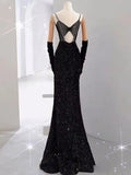 Black Straps Sequin Mermaid Long Prom Dress Evening Gown HZ0319