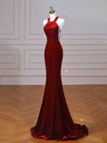 Wine Red Halter Mermaid Velvet Birthday Party Dress Prom Dress HZ0319
