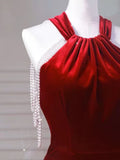 Wine Red Halter Mermaid Velvet Birthday Party Dress Prom Dress HZ0319