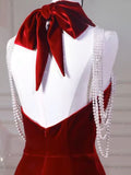 Wine Red Halter Mermaid Velvet Birthday Party Dress Prom Dress HZ0319
