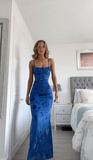 Royal Blue Mermaid Satin Spaghetti Straps Long Evening Party Dress HZ0319