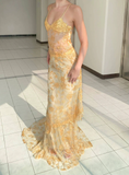 Light Yellow Strpas Beading Lace Mermaid Long Evening Dress HZ0319