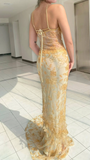 Light Yellow Strpas Beading Lace Mermaid Long Evening Dress HZ0319