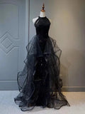 Black Halter A Line Ruffled Evening Dress Long Prom Dress HZ0319
