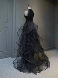Black Halter A Line Ruffled Evening Dress Long Prom Dress HZ0319