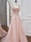 Pink A-Line Sequin Tulle Princess Prom Dress Birthday Party Gown HZ0319