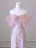 Pink A-Line Off The Shoulder Sequin Long Prom Dress Birthday Outfits HZ0319