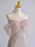 Pink A-Line Off The Shoulder Sequin Long Prom Dress Birthday Outfits HZ0319