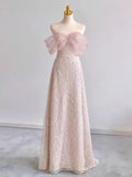 Pink A-Line Off The Shoulder Sequin Long Prom Dress Birthday Outfits HZ0319