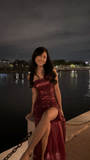Wine Red Strapless Sequins Sheath Long Evening Party Dress HZ0319