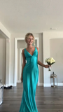 Green V Neck Open Back Mermaid Satin Long Evening Party Dress HZ0319