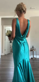 Green V Neck Open Back Mermaid Satin Long Evening Party Dress HZ0319