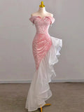 Off The Shoulder Pink Mermaid Ruffle Velvet Long Prom Dress HZ0319