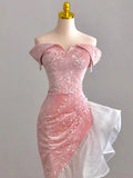 Off The Shoulder Pink Mermaid Ruffle Velvet Long Prom Dress HZ0319