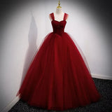 A-Line Burgundy Tulle Long Prom Dress Birthday Party Gown HZ0319