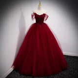 A-Line Burgundy Tulle Long Prom Dress Birthday Party Gown HZ0319