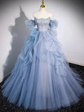 Blue Strapless A-Line Tulle Ball Gown Long Formal Prom Dress HZ0319