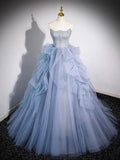 Blue Strapless A-Line Tulle Ball Gown Long Formal Prom Dress HZ0319