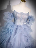Blue Strapless A-Line Tulle Ball Gown Long Formal Prom Dress HZ0319