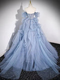 Blue Strapless A-Line Tulle Ball Gown Long Formal Prom Dress HZ0319