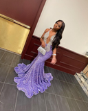 Lilac Halter Sequins Beading Black Girl Mermaid Long Formal Party Dress HZ0319