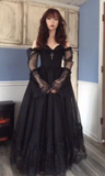Black Sweetheart A-Line Tulle Long Party Dress Gothic Prom Gown HZ0319